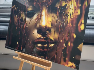 Plexiglas Bild Gesicht im goldenen Licht – Porträt mit Eleganz und Glanz